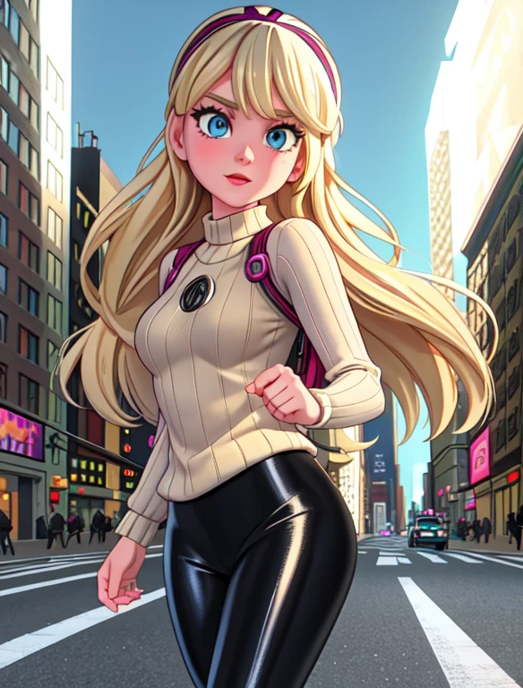 (best quality, masterpiece, colorful, highest detailed) fashion photography of (Gwen Stacy:1.2), long blonde hair and bright blue eyes. She's wearing a Black headband, olive green sweater, shiny black leggings and Ugg Boots. (ultra-detailed body), (light smile:0.3), (Empty streets of New York background:1.3), (intricate details), (dynamic angle), (full body:0.6),