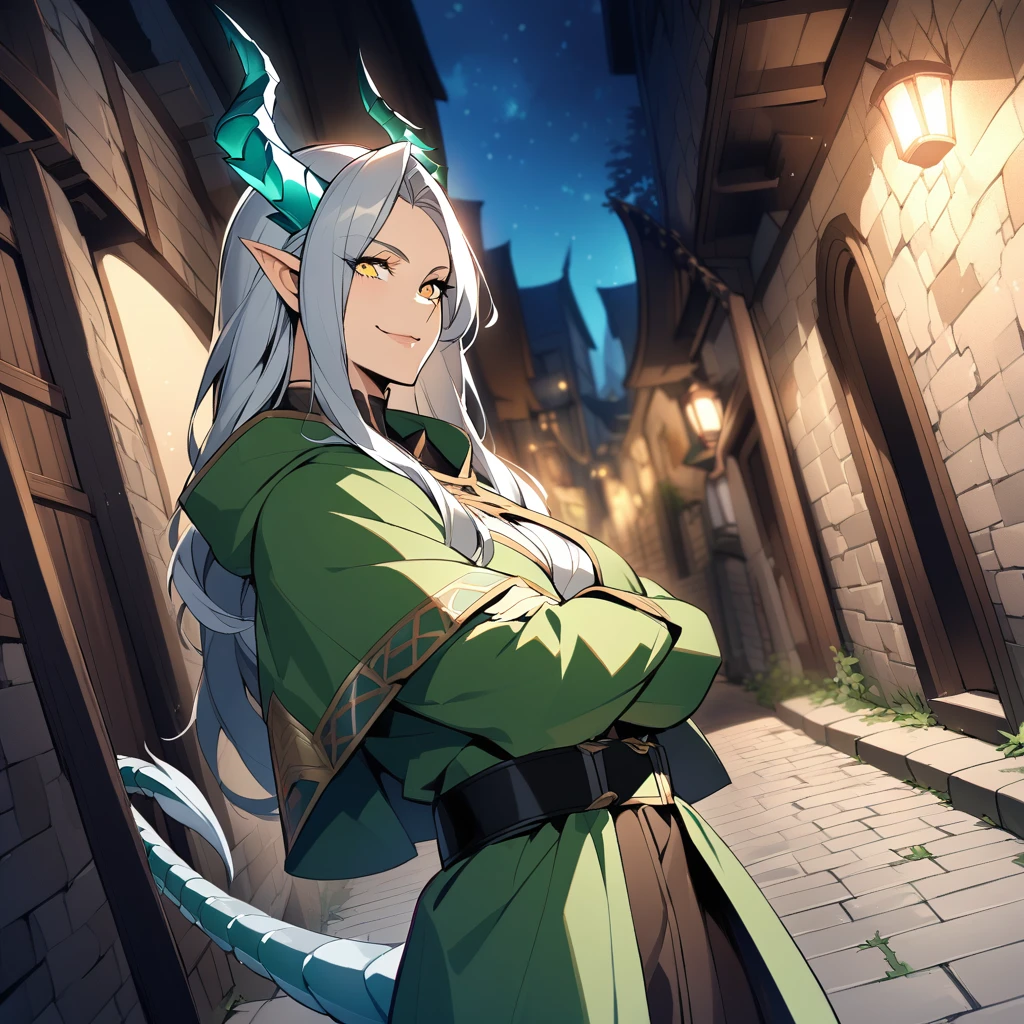 {{upper body, dutch angle}} {{Artist: ratatatat74}} 1girl, mature female, draconic, silver eyes, long straight hair, well toned, yellow eyes, dragon horns, draconic silver tail, traveler, dark green cloak, brown best underneath, black waistbelt, outdoors, alleyway, nighttime, standing, smiling, arms crossed, looking down at the camera pov, medieval fantasy.