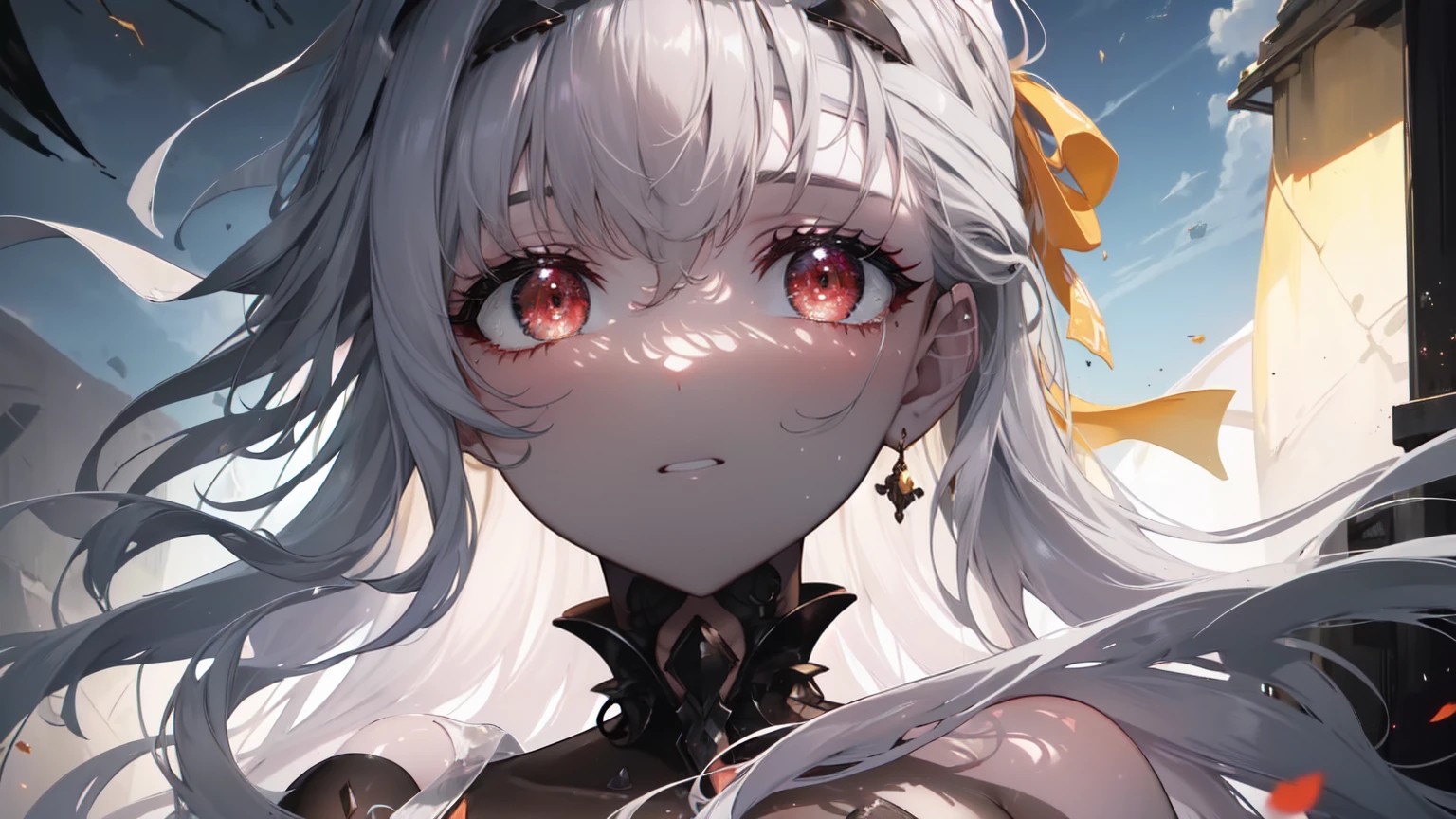 ((((Obra maestra, La mejor calidad, ultrahigh resolution)))), 1girl, standing, (cute maid costume), ((long pure silver hair and grey mesh hair, hair over eye)), long hair cut, pale skin, ((red eyes)), glowing_eyes, neon eyes, (ultra detailed eyes:0.7, beautiful and detailed face, detailed eyes:0.9), smile, ((wide shot)), facing viewer, ((vibrant background, bright lighting, summer, sunlight)), flat chested, looking at viewer, ((half closed eyes)), ((perfect hands)), (((head:1, arms, hips in view, elbows, arms, legs, in view))), ((hands behind back)), empty eyes, beautiful lighting, ((outside, outdoors)), defined subject, head tilt, (((gritty)), ((creepy)), ((cool)), ((beautiful)), (((SFW)))