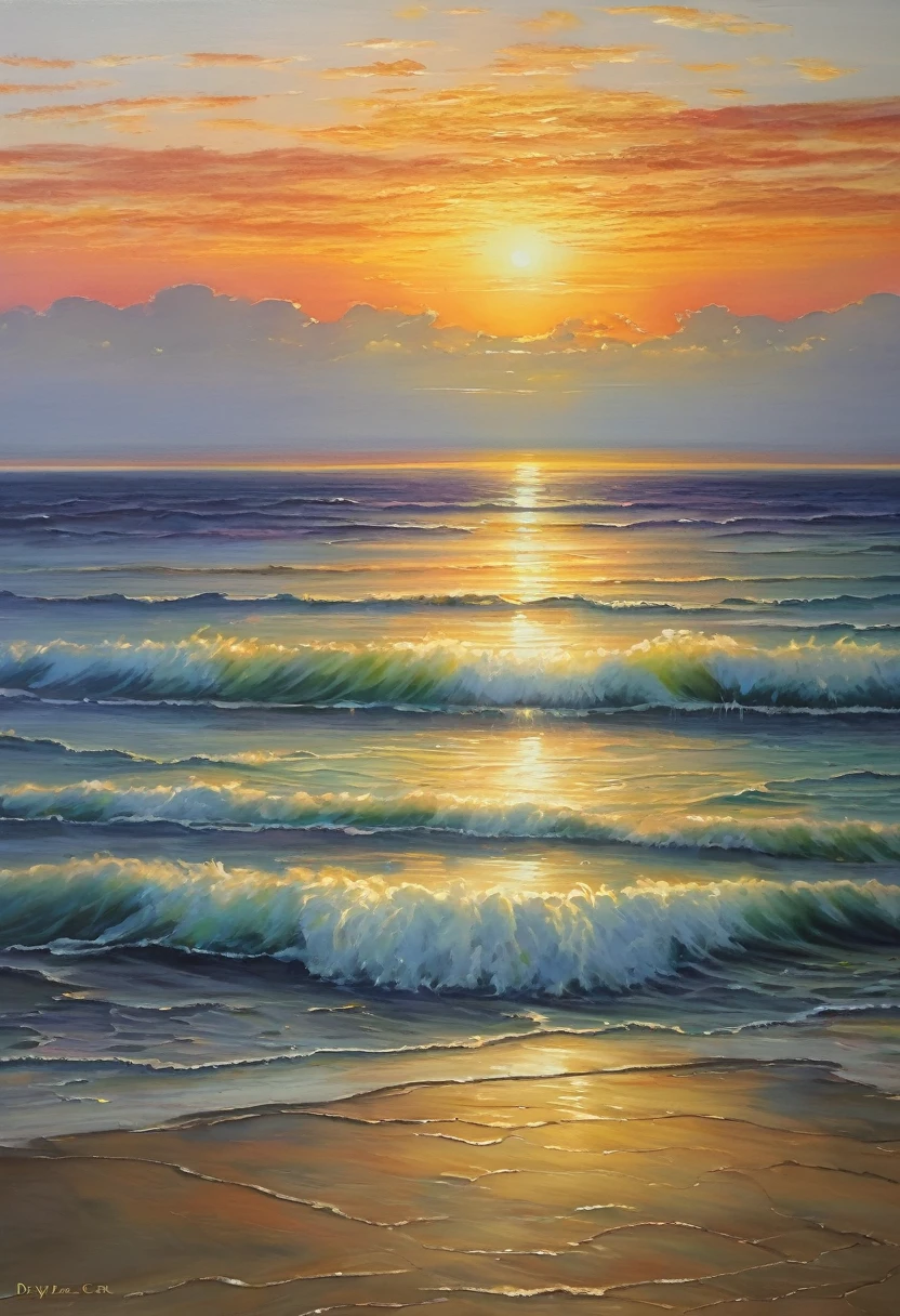 An oil painting，sunrise，Ocean，horizon，peaceful，Ogiya