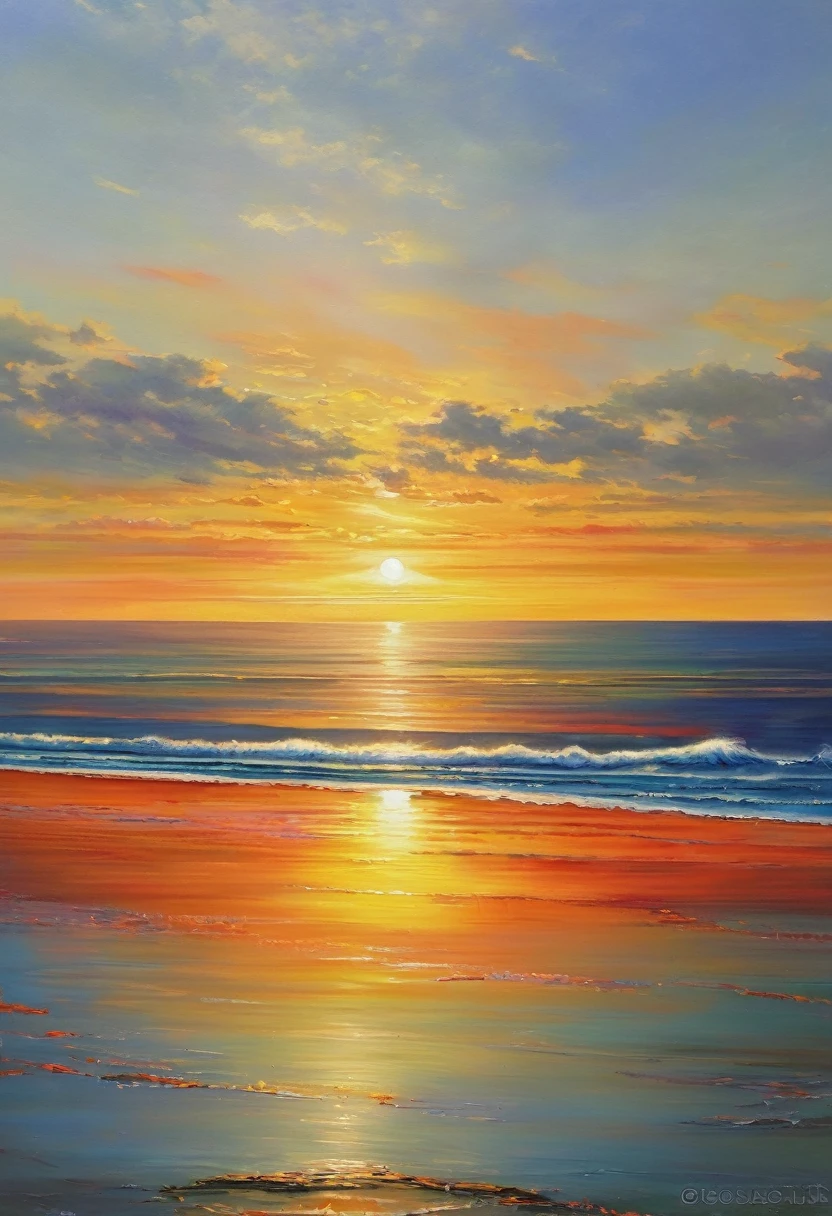 An oil painting，sunrise，Ocean，horizon，peaceful，Ogiya