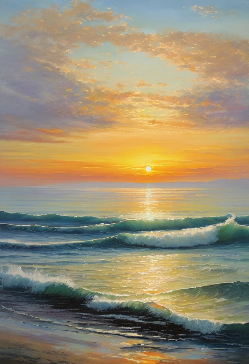 An oil painting，sunrise，Ocean，horizon，peaceful，Ogiya