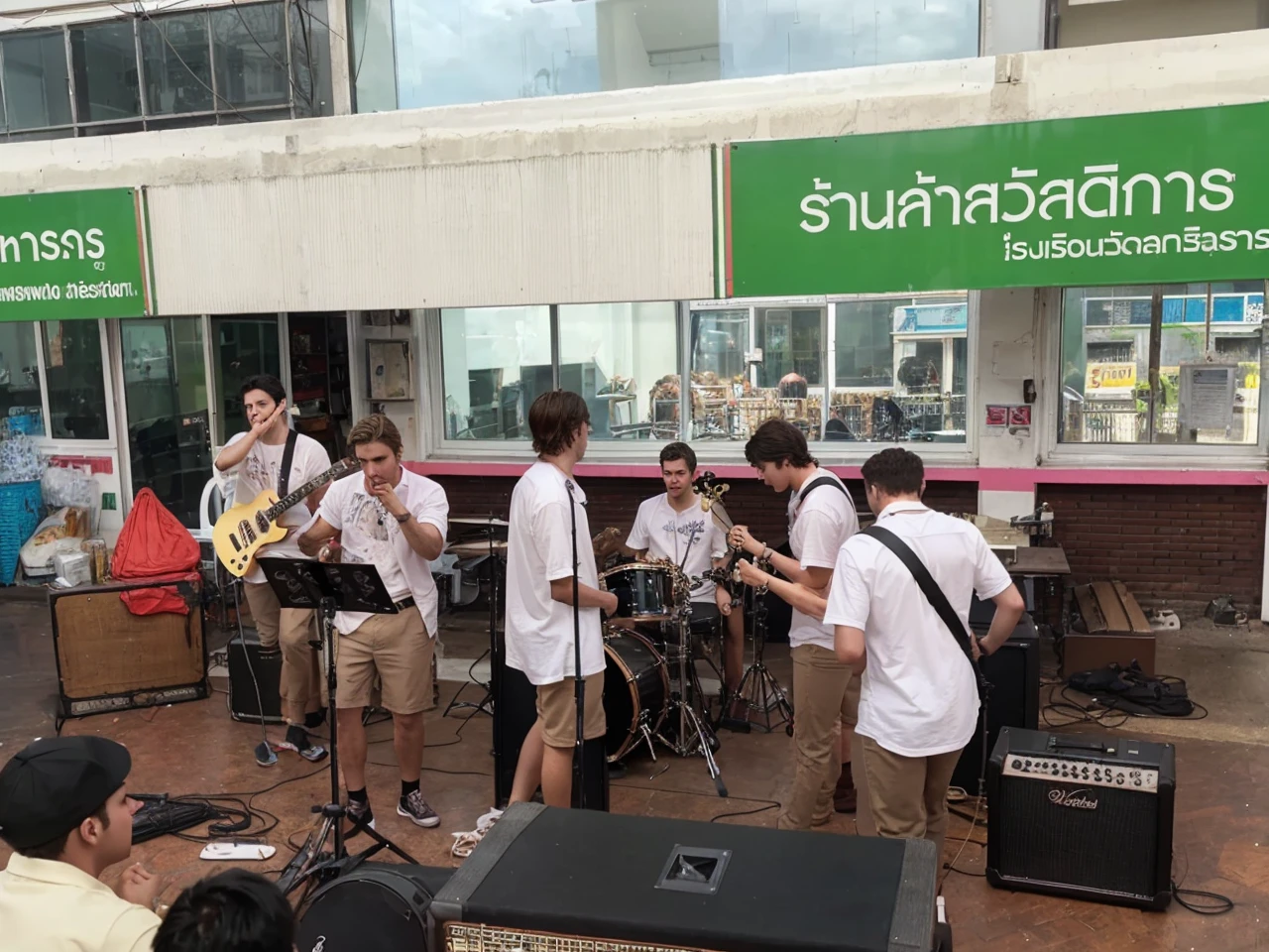 There are 6 male bands, 2 singers, 1 bass, 2 guitarists, 1 drummer.