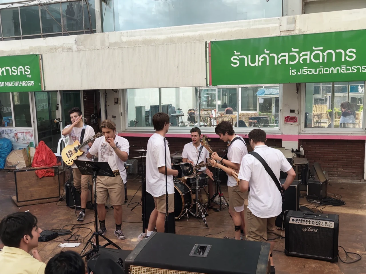 There are 6 male bands, 2 singers, 1 bass, 2 guitarists, 1 drummer.
