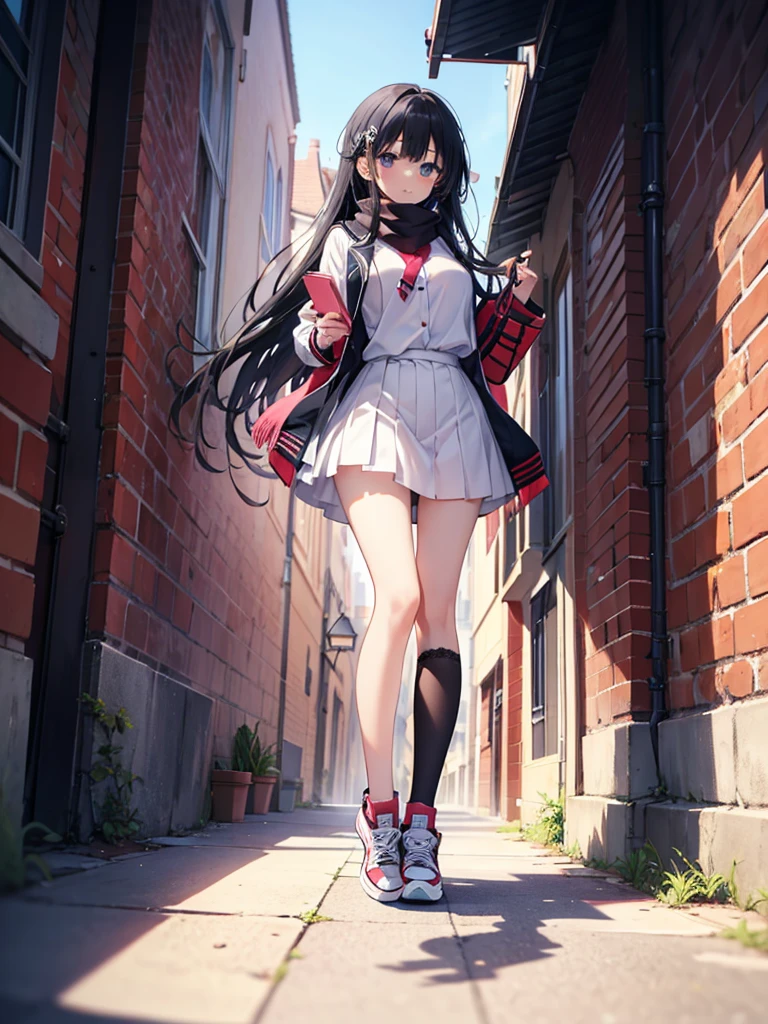 1girl,,legwear,,anklet,black hair,straight_hair,hime cut,long hair,sneakers,huge filesize,scarf,Uniforms,lace