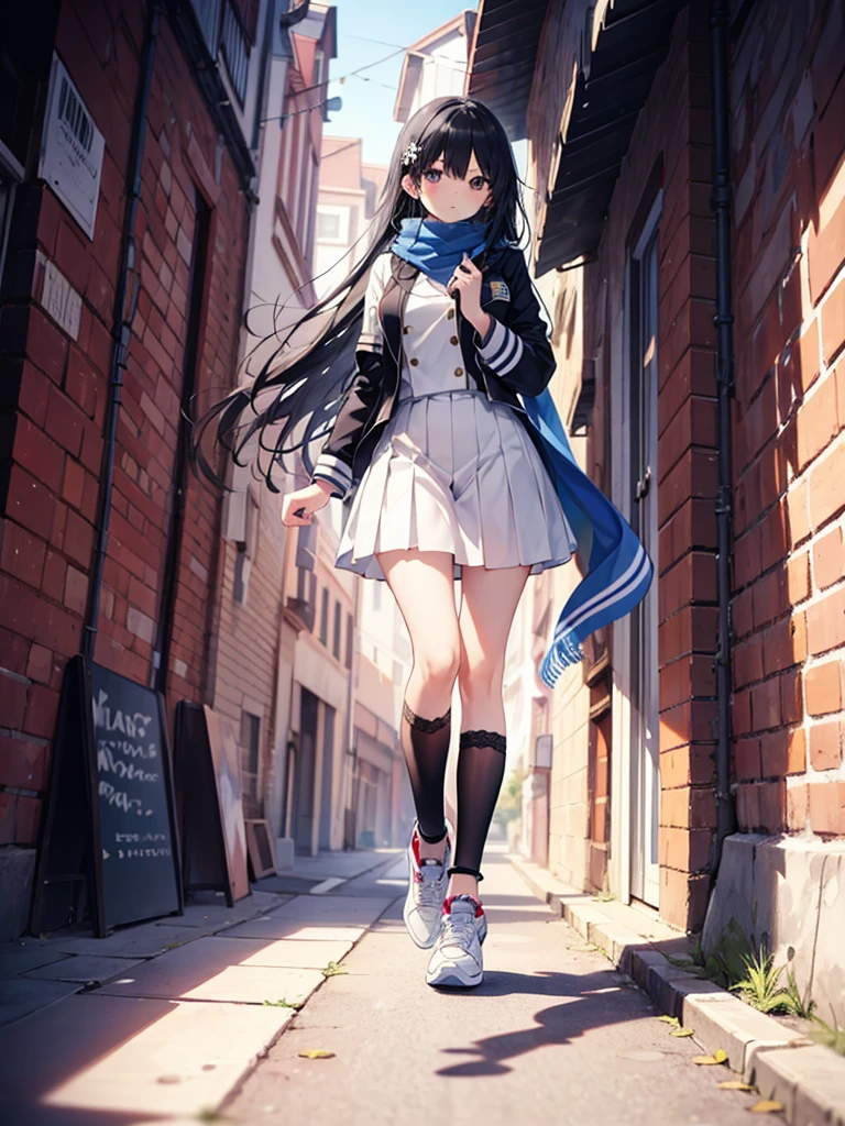 1girl,,legwear,,anklet,black hair,straight_hair,hime cut,long hair,sneakers,huge filesize,scarf,Uniforms,lace
