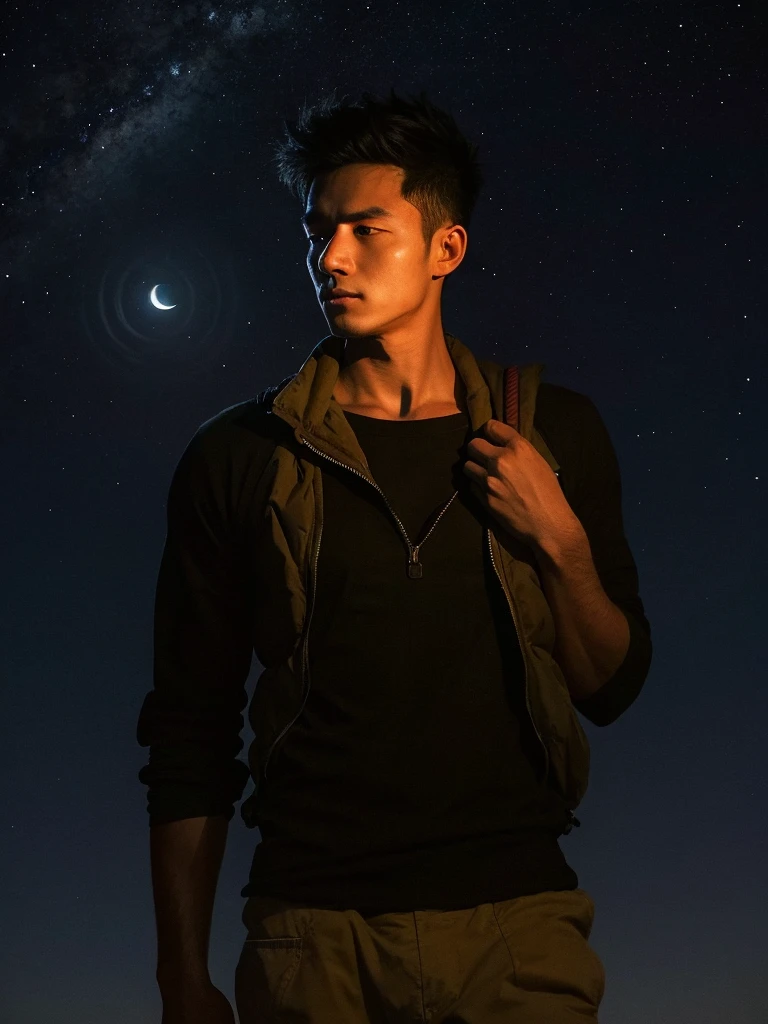Man standing, man holds stick and backpack, man is cooking beans in pot, night scenery in the forest