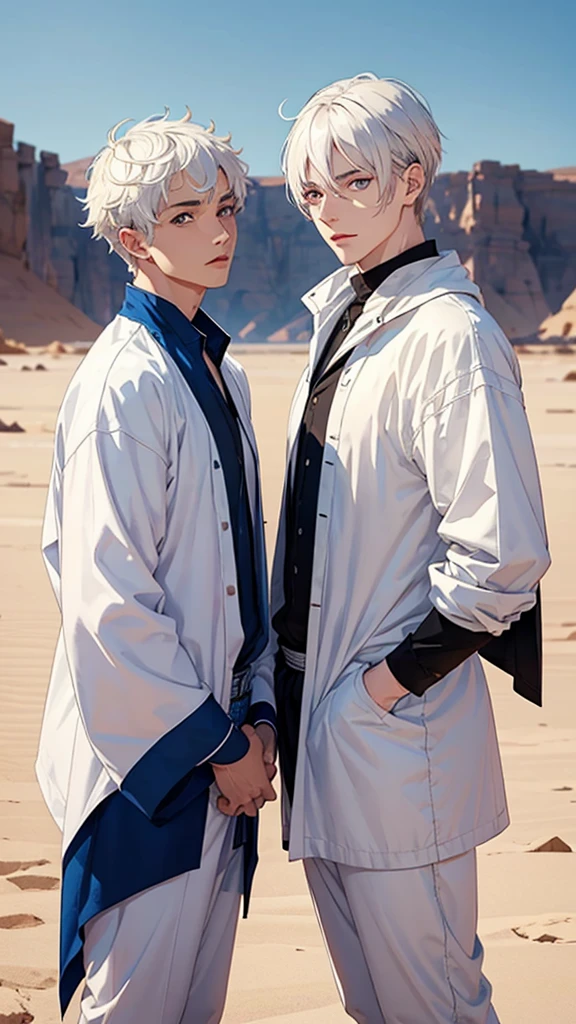 two mens;
friends;
Males;
One has red eyes the other blue eyes;
They both have white hair;
Eles sao lutadores adultos 
desert background;