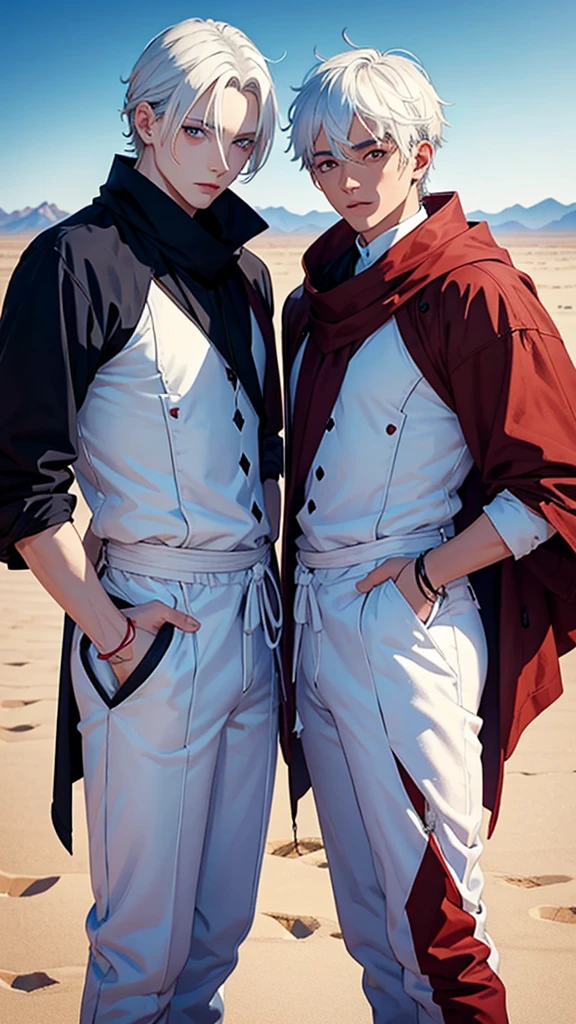 two mens;
friends;
Males;
One has red eyes the other blue eyes;
They both have white hair;
Eles sao lutadores adultos
desert background;