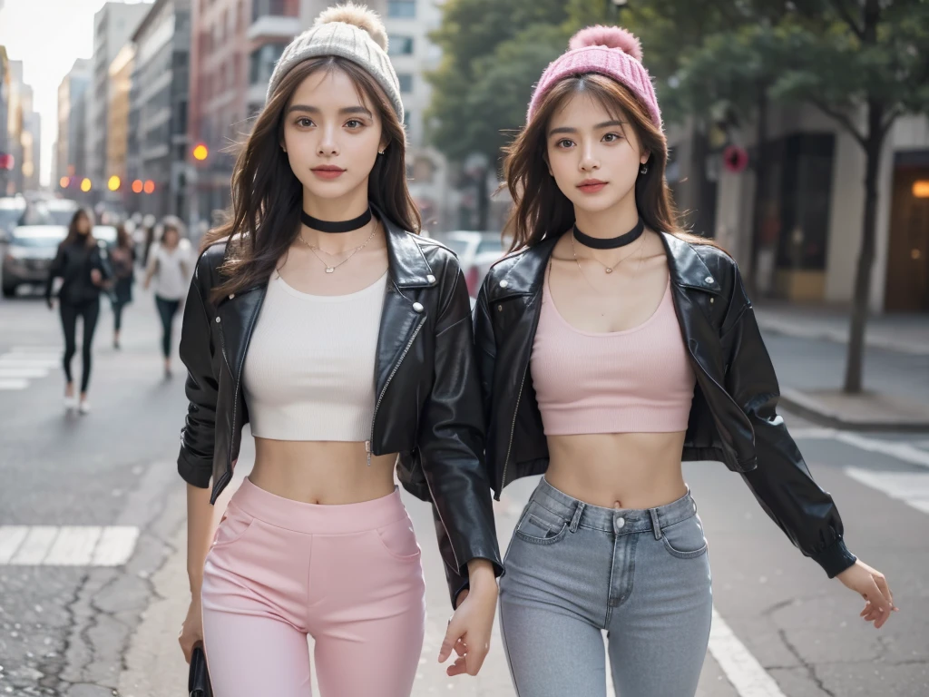 Obra maestra, La mejor calidad, ultra-high resolution, Foto de alto detalle, Unidad 8K Fondo de pantalla, CG extremadamente detallado:1.2), depth of field, bokeh, (Foto RAW:1.realistic photography:1.4), two girls, (2girl:1.5), joven, physically based representation, beautiful, (Cara finamente detallada:1.4, Ropa detallada), (Detallado:1.4) named (Eimi Fukada:1.1) BREAK Cara hermosa, Profundidad de campo, Agregar capa, hiperrealista, 27 years old, Modelo de cuerpo perfecto, senos perfectos, 175cm de altura, pose sexy, full body, cuerpo completo, Tipo de cuerpo del modelo, BREAK (extreme skin details:1.1), skin details, (black jacket:1.3), (white tight crop top:1.3), (demin pants:1.3), (statement choker, necklace:1.3), BREAK (pink tight jacket:1.3), (demin pants:1.3), (beenie:1.0) doble parpado BREAK (smile:1.1), walking, walking next to a window, busy street, street view, people on the street