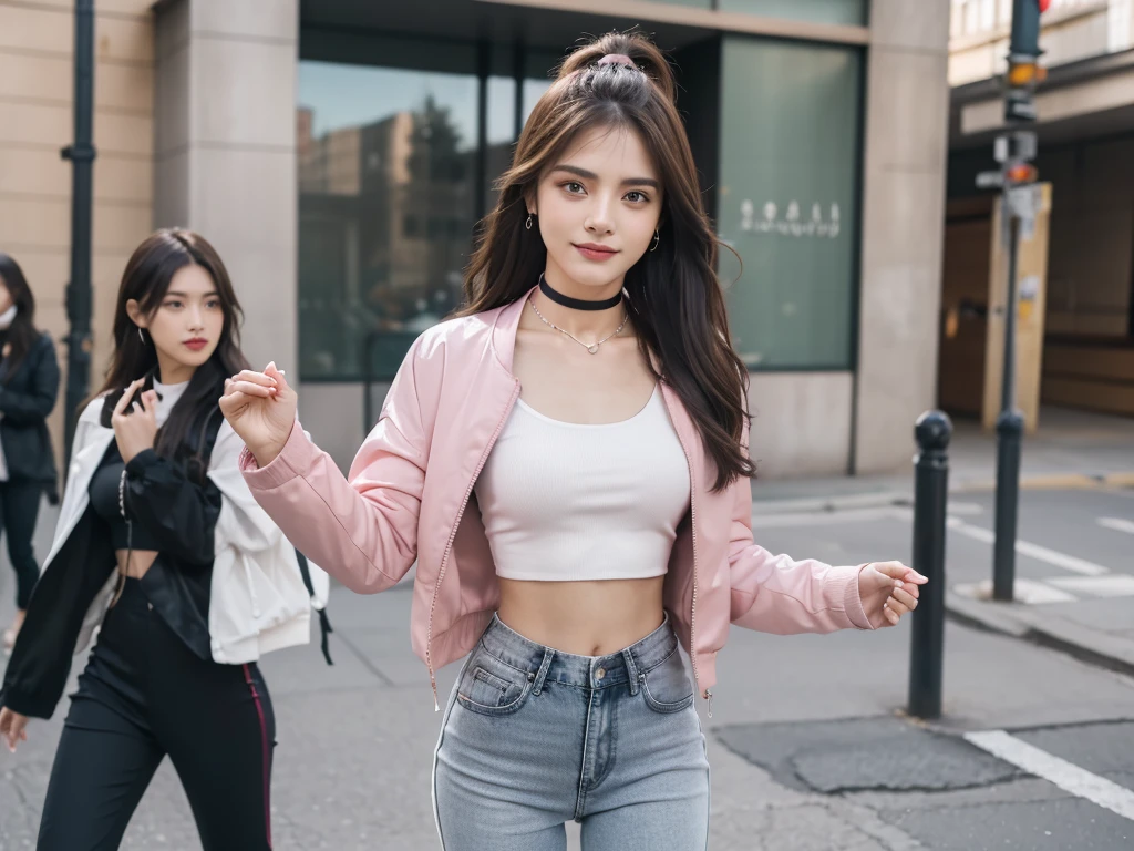 Obra maestra, La mejor calidad, ultra-high resolution, Foto de alto detalle, Unidad 8K Fondo de pantalla, CG extremadamente detallado:1.2), depth of field, bokeh, (Foto RAW:1.realistic photography:1.4), two girls, (2girl:1.5), joven, physically based representation, beautiful, (Cara finamente detallada:1.4, Ropa detallada), (Detallado:1.4) named (Eimi Fukada:1.1) BREAK Cara hermosa, Profundidad de campo, Agregar capa, hiperrealista, 27 years old, Modelo de cuerpo perfecto, senos perfectos, 175cm de altura, pose sexy, full body, cuerpo completo, Tipo de cuerpo del modelo, BREAK (extreme skin details:1.1), skin details, (black jacket:1.3), (white tight crop top:1.3), (demin pants:1.3), (statement choker, necklace:1.3), BREAK (pink tight jacket:1.3), (demin pants:1.3), (beenie:1.0) doble parpado BREAK (smile:1.1), walking, walking next to a window, busy street, street view, people on the street