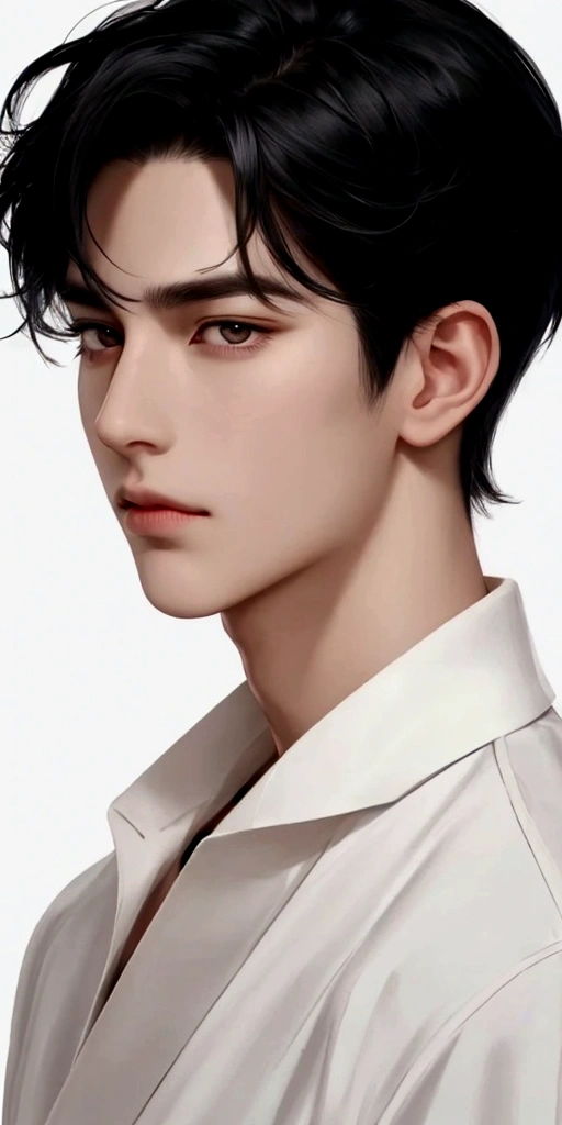 1 boy, handsome face, black hair, short hair, Sharp eyes, perfect line, perfect draw, thick neck, ignore face, pointed chin,  he is a prince