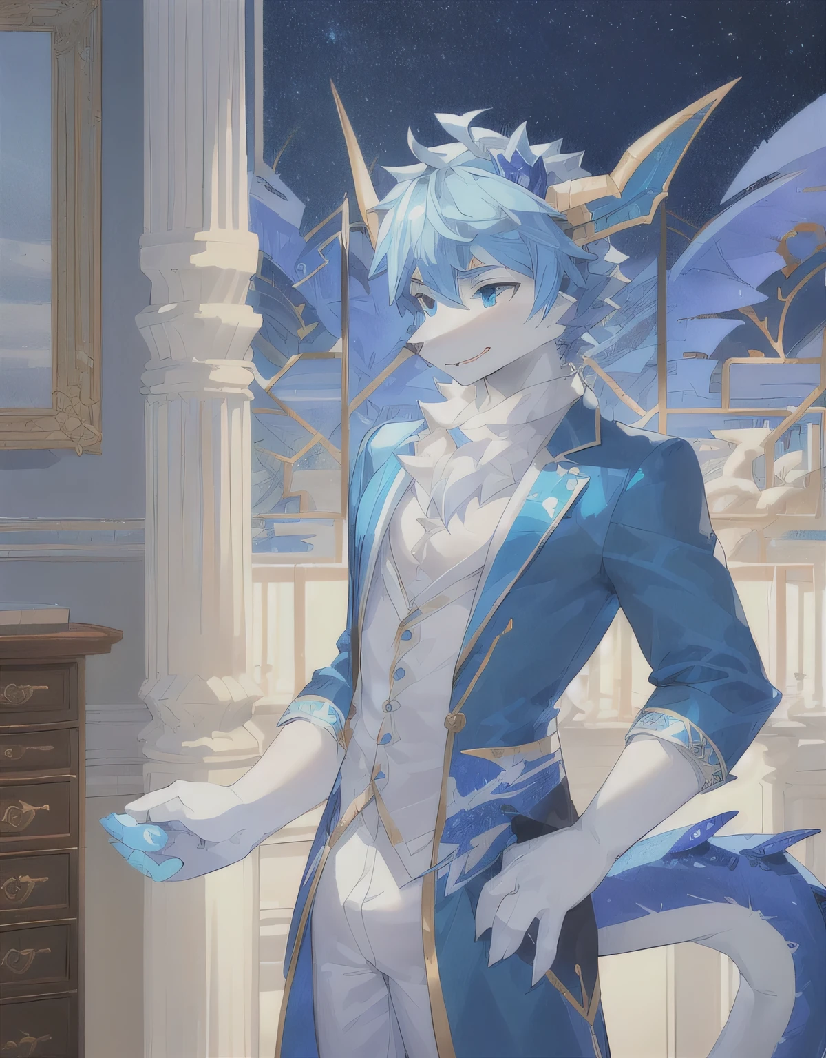 There is a blue and white dragon，Anthropomorphic dragon, Young male anthropomorphic dragon, but Anthropomorphic dragon,  professional furry, Male anthropomorphic dragon, human dragon art, Suitable for whole body, Adaptable personality, This character has cryokinesis abilities, Frost Dragon，There is a six-pointed star pattern on the head