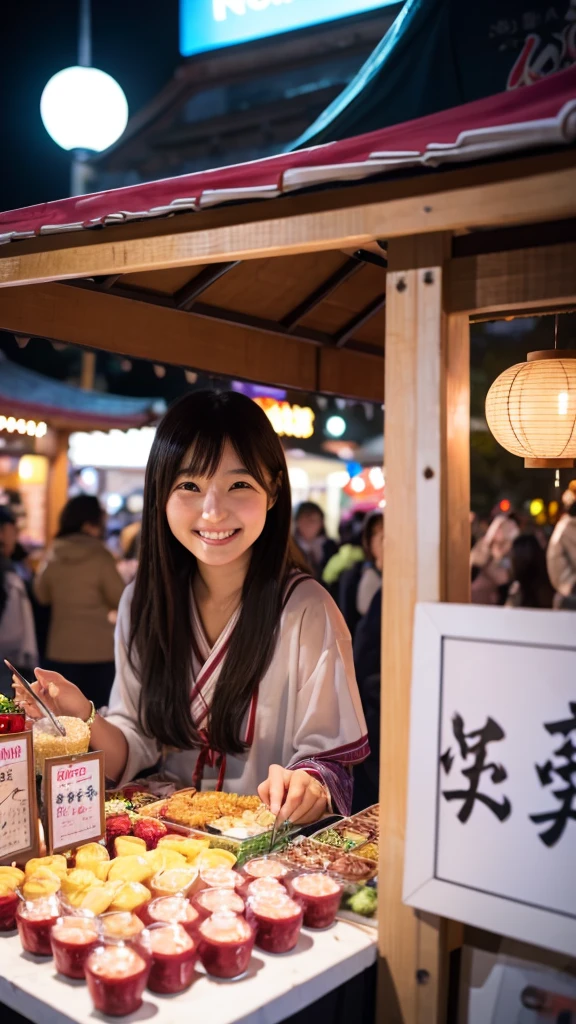 Night festival stall smiling Japanese girl in her 20s