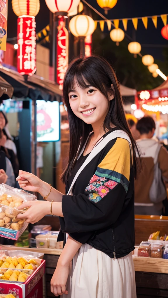 Night festival stall smiling Japanese girl in her 20s