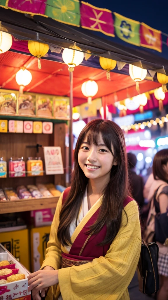 Night festival stall smiling Japanese girl in her 20s