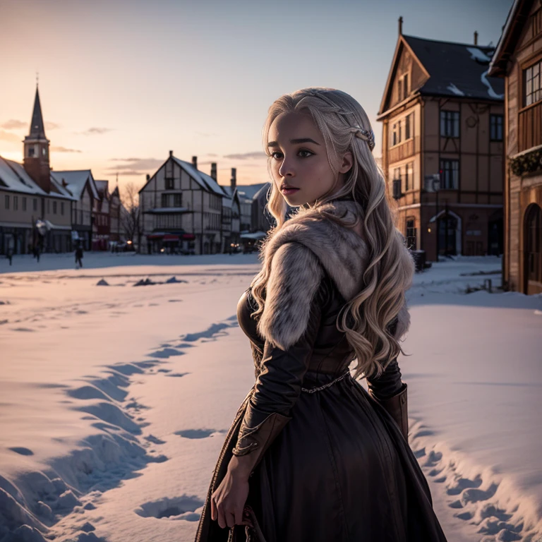 Daenerys Targaryen looking at the sunrise, walking in a field of snow, town square, best quality, hi res, 8k, hi res, 8k, award winning , (sharp focus, intricate, highly detailed), 