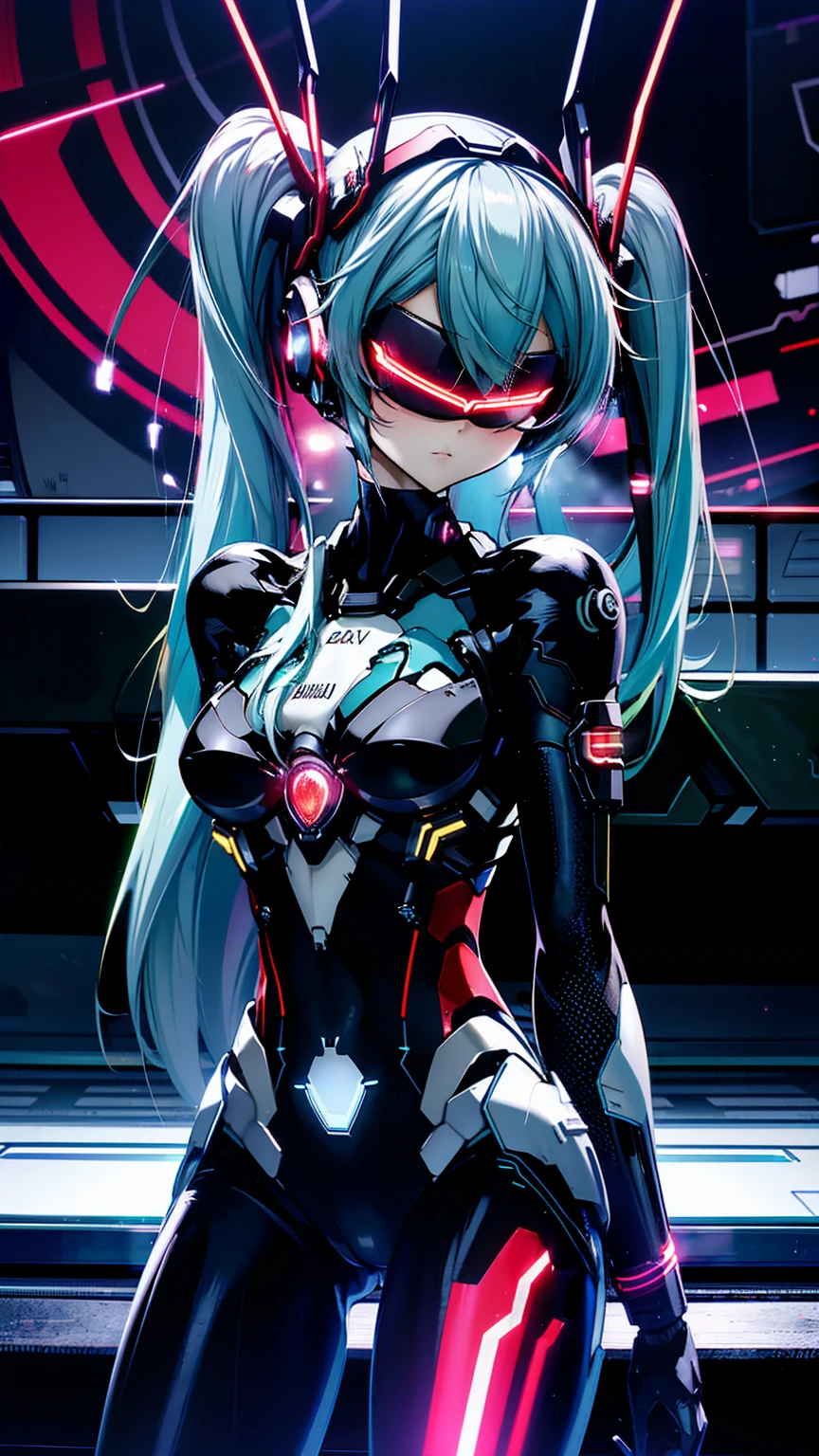 {{1 female},{{{{{Tabletop++, Highest quality++, Super detailed+, Ultra-high resolution,(Realistic:1.4)Cowboy Shot,Hatsune Miku, (vocaloid)RAW Photos,(Hatsune Miku)+,(Hatsune Miku)+, (vocaloid) Expressionless, Light blue hair, Red eyes ,clavicle, Twin tails, ((Black Bodysuit 1.6)),so beautiful, Highest quality, Absurd, One Girl, Brainwashed,}}}} Hollow Eyes,(Eyes glow red :1.4)), ((Big Breasts：1.1))、(The shape of the genitals is clearly visible)) cyber punk, Dark Lab, Dark Room,(Neon Light:1.2), (night:1.5), (Stand up and raise your right arm in a salute, Place your left hand on your hip)