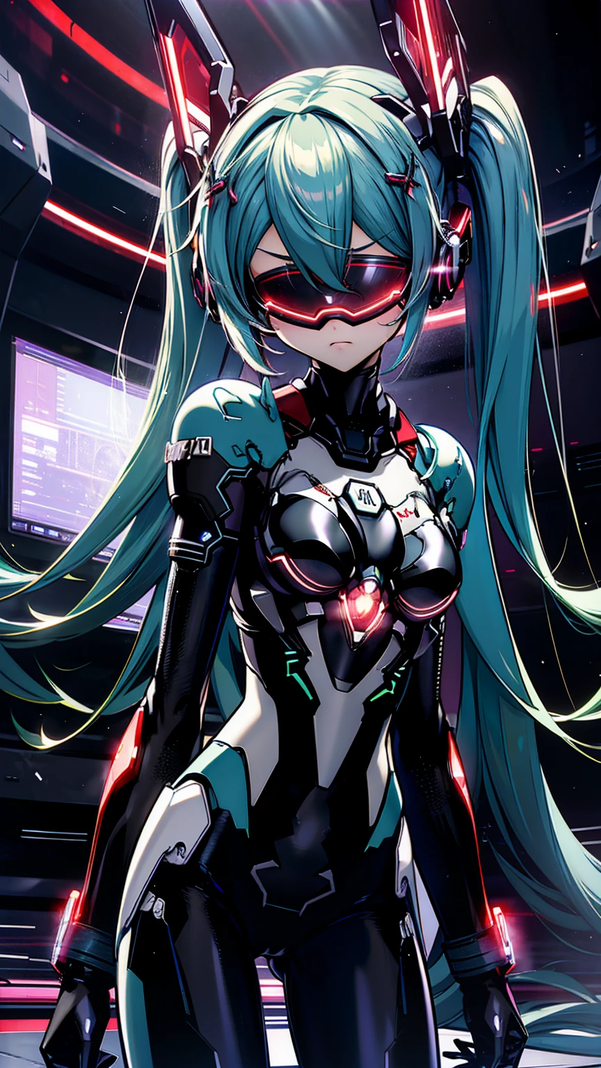 {{1 female},{{{{{Tabletop++, Highest quality++, Super detailed+, Ultra-high resolution,(Realistic:1.4)Cowboy Shot,Hatsune Miku, (vocaloid)RAW Photos,(Hatsune Miku)+,(Hatsune Miku)+, (vocaloid) Expressionless, Light blue hair, Red eyes ,clavicle, Twin tails, ((Black Bodysuit 1.6)),so beautiful, Highest quality, Absurd, One Girl, Brainwashed,}}}} Hollow Eyes,(Eyes glow red :1.4)), ((Big Breasts：1.1))、(The shape of the genitals is clearly visible)) cyber punk, Dark Lab, Dark Room,(Neon Light:1.2), (night:1.5), (Stand up and raise your right arm in a salute, Place your left hand on your hip)