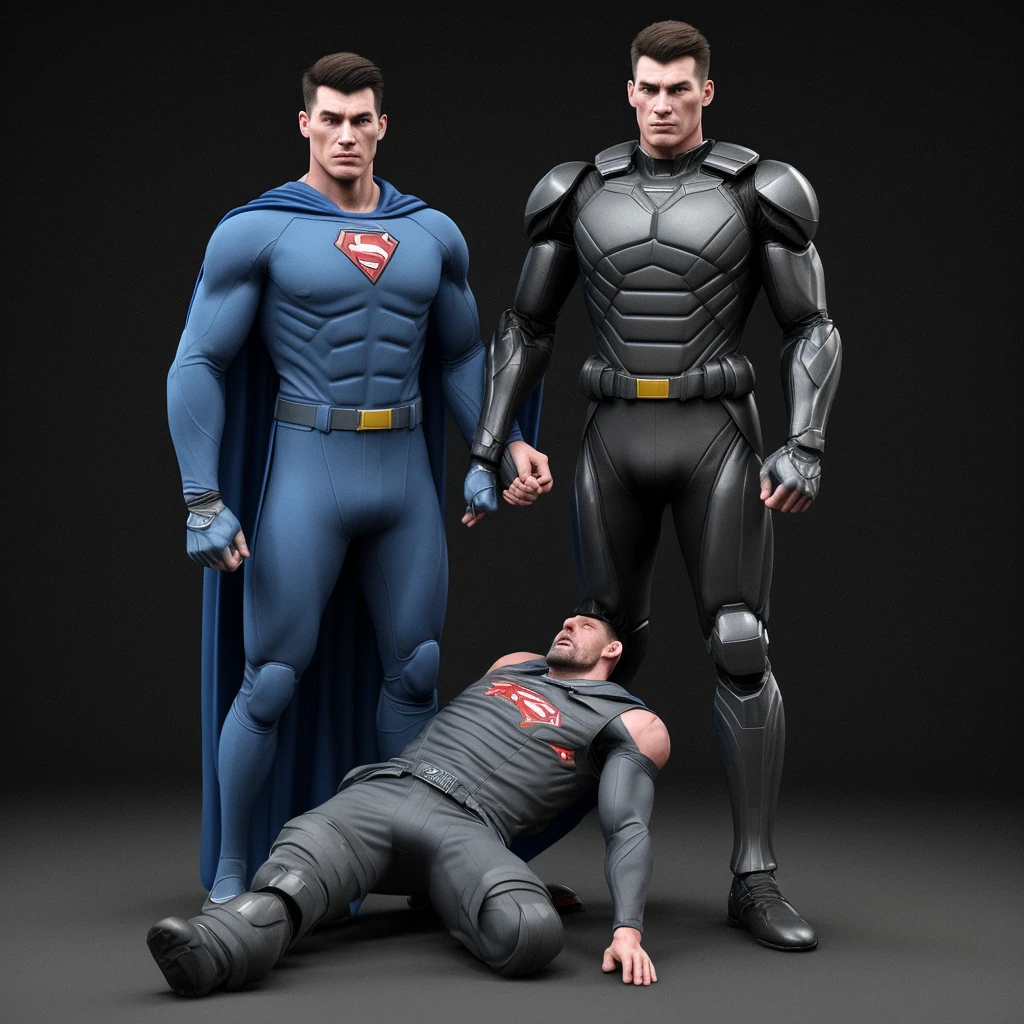 A realistic 3D male model in full body composition, wearing a full body hero suit and cape in the pattern of a professional baseball uniform, a very short haired, crew cut, cool, dandy-like, veteran-aged man with a shiny, sparkling blue cape that is longer than his body, gloves and a cap are always worn, an original hero, only the eyebrows, eyelashes and eyes are visible, his mouth is bandaged and sealed, the upper half of his face is bare with a sharp gaze, he has six pack abs, a muscular macho man with a sturdy body, he has both legs closed, his hands are clasped behind his back in an X shape, his whole body is bound and sealed with duct tape and he is held down. He has collapsed from exhaustion and is sleeping with his eyes closed. A coat of arms, in a dark room background, his whole body facing forward, backward, left and right (north, south, east and west), an image of him being restrained and mummified.