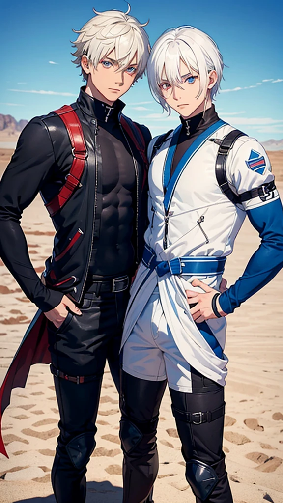 two mens;
Adultos;
Musculosos;
Roupas de combate;
friends;
Males;
One has red eyes the other blue eyes;
They both have white hair;

São irmaos 

desert background;