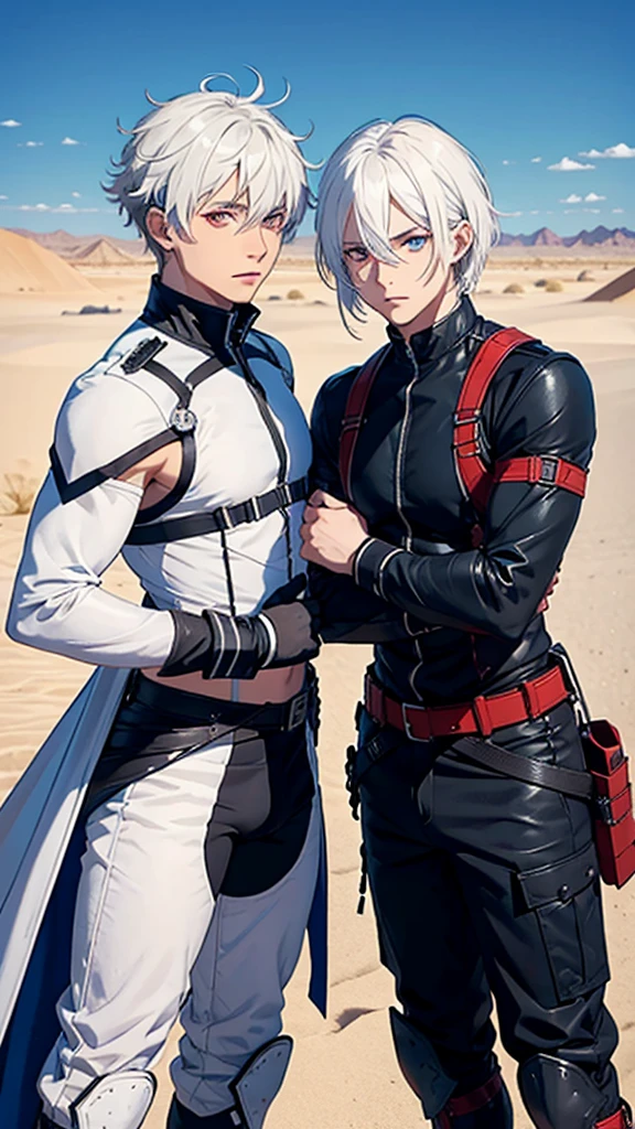 two mens;
Adultos;
Musculosos;
Roupas de combate;
friends;
Males;
One has red eyes the other blue eyes;
They both have white hair;
São irmaos
desert background;