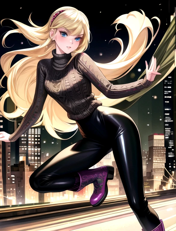 (best quality, masterpiece, colorful, highest detailed) fashion photography of (Gwen Stacy:1.2), long blonde hair and bright blue eyes. She's wearing a Black headband, olive green sweater, shiny black leggings and Ugg Boots. (ultra-detailed body), (light smile:0.3), (Empty streets of New York background:1.3), (intricate details), (dynamic angle), (full body:0.6),