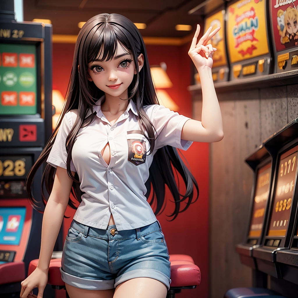 happy and smile, indonesian girl wearing high , teasing you, waiting customer play, work as casino customer service, standing in between slot machine, red casino background, have tittle in shirt write "COBLOS4D"