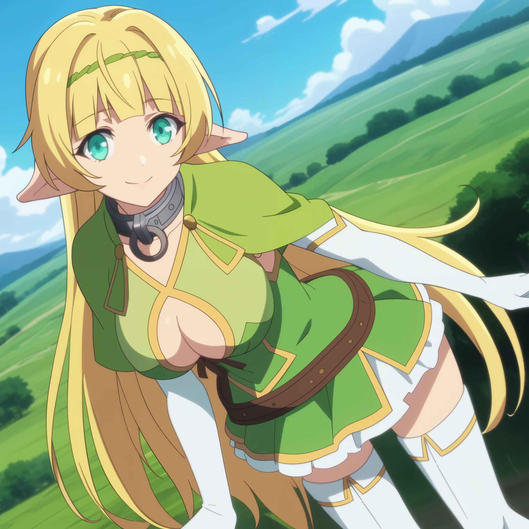 score_9, score_8_up, score_7_up, source_anime, anime screencap, anime coloring,
sheragreenwood,
shera greenwood, long hair, blonde hair, large breasts, very long hair, hairband, pointy ears, elf, aqua eyes,
thighhighs, gloves, dress, cleavage, elbow gloves, white gloves, collar, clothing cutout, cleavage cutout, green dress, metal collar,
landscape, bent over, smile,
looking at viewer, cowboy shot, solo, dutch angle