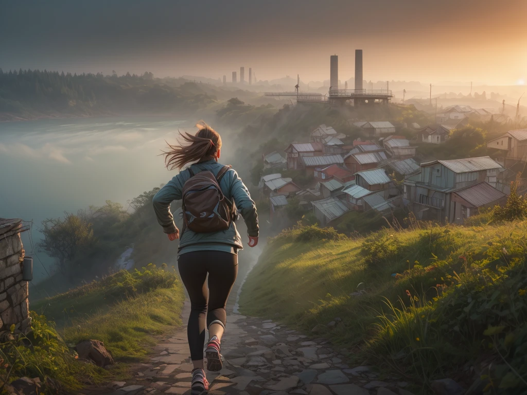 Woman running up a steep hill in a misty rural town at sunrise、Distant and Near Views、Old rusty factory chimneys near the bay and port、Cinematic lighting、Dramatic atmosphere、8K、high quality、Photorealistic、Detailed landscape、Moody colors、Volumetric lighting、Hazy environment、