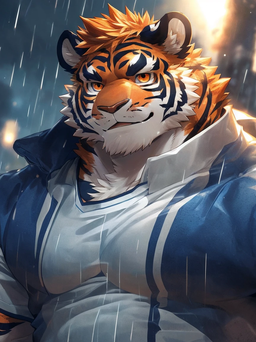 human nature, Wildlife, male,18 years old， solitary, ((Round Face, The face is plump,Orange eyes,Thick orange hair，With scars)), ((Endomorph, Handsome，Hot Blood)), (Sportswear，Light blue and white coat，Wear a sports cap), ((domestic tiger, tiger，) Fluffy fur, Fluffy), Bokeh, (high quality, high resolution, masterpiece), (Dynamic Lighting, Vibrant colors，Natural fill light), (Revitalize，harm，Disdain，aggressive), Full body picture (close up), cartoon, author：Takemoto Arashi, From zixiong, By Chunni, author：Empty Ghost，（background：Raining dead city）