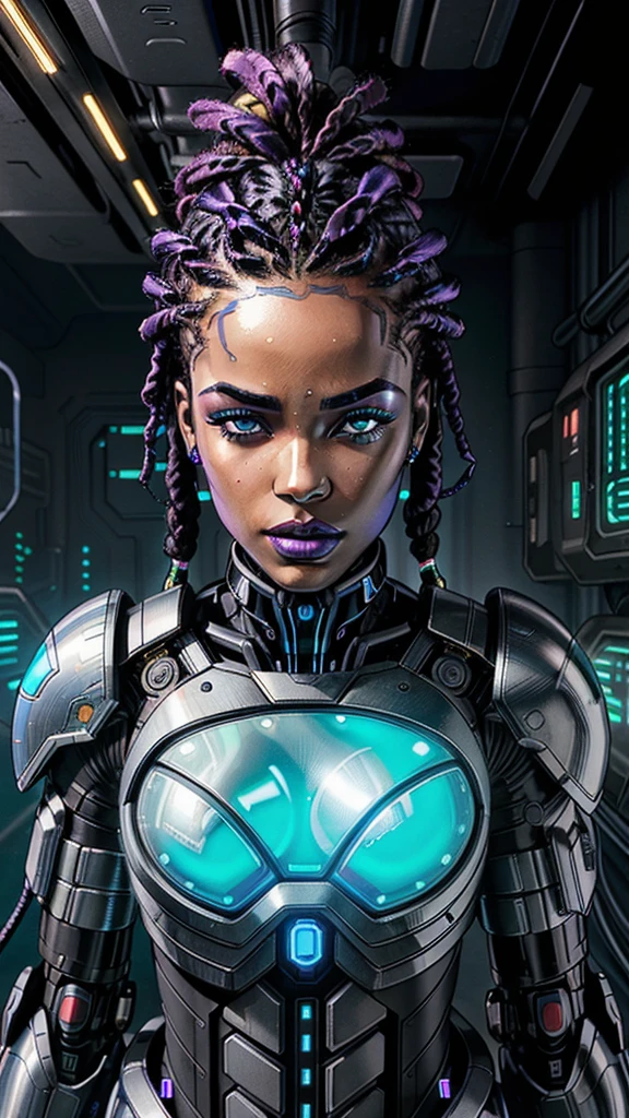 A Black Woman in an imposing futuristic post-apocalyptic cyberpunk environment full of technological details. The woman has rich, deep skin, with tones that glow under the scene's neon lighting. Her hair is a bold combination of dreadlocks and braids, decorated with metallic threads and small LEDs that blink softly, reflecting the colorful lights in the room. His face is sculpted with strong, elegant features, highlighting piercing eyes that glow with a cybernetic blue intensity. She wears metallic makeup, with silver shadows and lips painted an intense purple, adding a touch of mystery and power. His athletic body is encased in a futuristic combat suit made from synthetic and metallic materials. The look is a combination of black, silver and neon blue, with details that suggest high technology, such as embedded circuits and light panels. Plates of armor protect his shoulders, arms, and legs, while cables and wires connect to devices on his body, indicating a perfect fusion between human and machine. giving it a vivid, dynamic and hyper-realistic cinematic look.