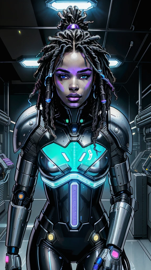 A Black Woman in an imposing futuristic post-apocalyptic cyberpunk environment full of technological details. The woman has rich, deep skin, with tones that glow under the scene's neon lighting. Her hair is a bold combination of dreadlocks and braids, decorated with metallic threads and small LEDs that blink softly, reflecting the colorful lights in the room. His face is sculpted with strong, elegant features, highlighting piercing eyes that glow with a cybernetic blue intensity. She wears metallic makeup, with silver shadows and lips painted an intense purple, adding a touch of mystery and power. His athletic body is encased in a futuristic combat suit made from synthetic and metallic materials. The look is a combination of black, silver and neon blue, with details that suggest high technology, such as embedded circuits and light panels. Plates of armor protect his shoulders, arms, and legs, while cables and wires connect to devices on his body, indicating a perfect fusion between human and machine. giving it a vivid, dynamic and hyper-realistic cinematic look.