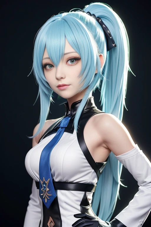 There is a blue hair、woman in black top, anime style. 8k, Portrait of Hatsune Miku, 8K Artgerm bokeh, blue hair girl, Realistic anime girl rendering, Hatsune Miku portrait, mikudayo, Realistic anime art style, 3D animation realistic, Produced by Anime Painter Studio, pretty blue hair girl