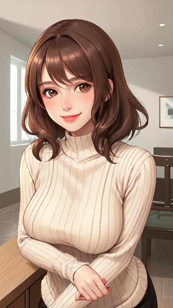 modern house indoors, 1lady solo mature female /(brown medium hair/), ribbed sweater blush kind smile, (masterpiece best quality:1.3) delicate illustration ultra-detailed, large breasts
