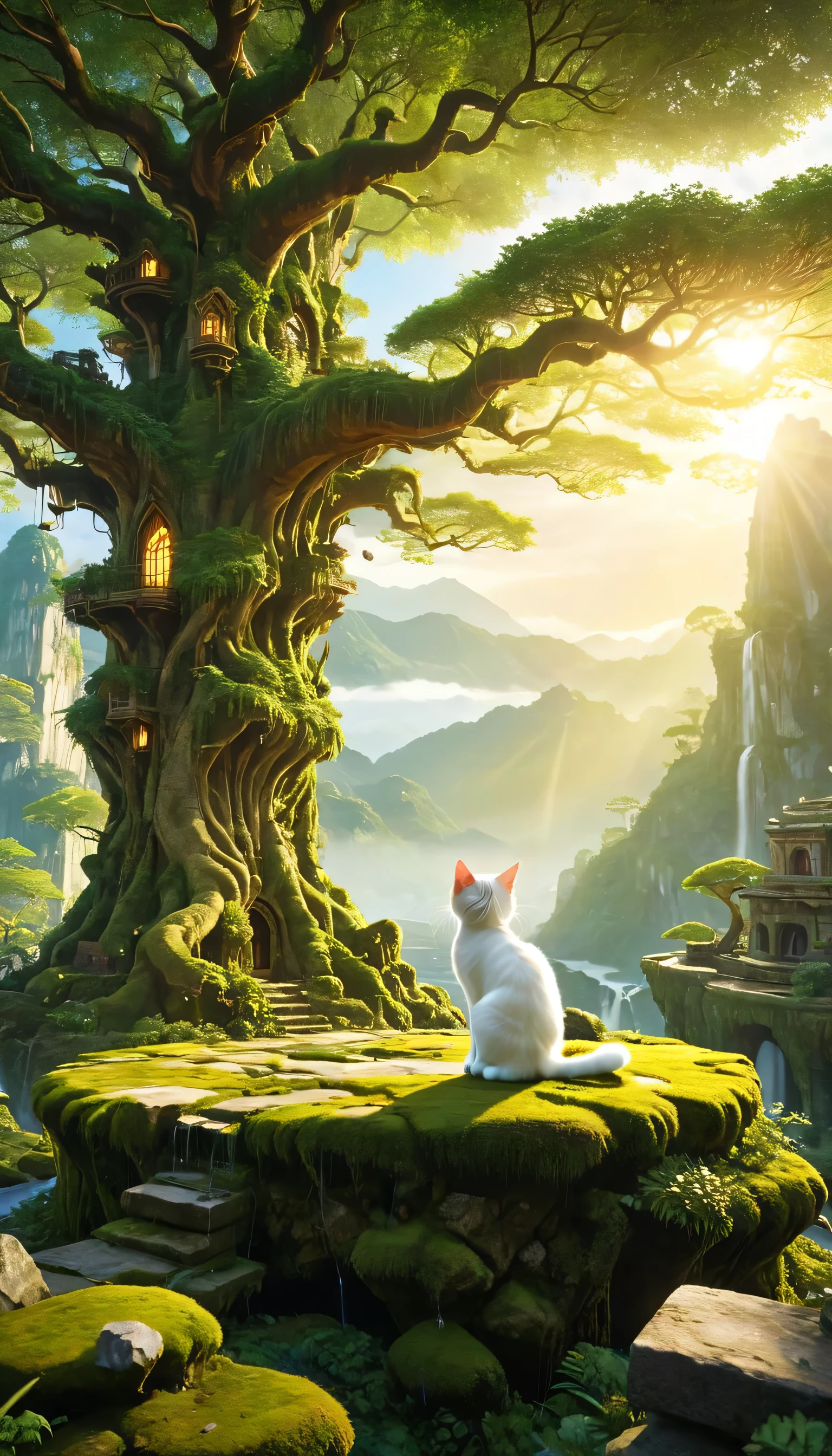(panoramic, center, masterpiece, best quality: 1.2), (8K, RAW photos, best quality), ((masterpiece:1.2)), realistic, Ultra-high resolution, High contrast, Light submap, Vibrant colors, real, Extremely detailed, Very detailed, RAW photos, real, Official Art, original photo, Professional Lighting, Light, Professional Writing, twiceLight, Vivid atmosphere, HD CG, Unity8k), (1 girl), (A white kitten), Dream of creating a golden world、The majestic Lost City and the huge World Tree next to it、And a girl in a magic costume、a cat、Standing on the moss-covered stage、Do magic。Feeling happy and joyful、I have a feeling the future is bright。The scene is filled with a tranquil and contemplative atmosphere.、Expressing a high fantasy world。The guardian nebula of the rainbow light and silver steam、The sky is filled with the colors of the Corrosion Enveloping Ray family、There's a sticky feeling in the air.。A beautiful work of art that exudes a mysterious atmosphere.。