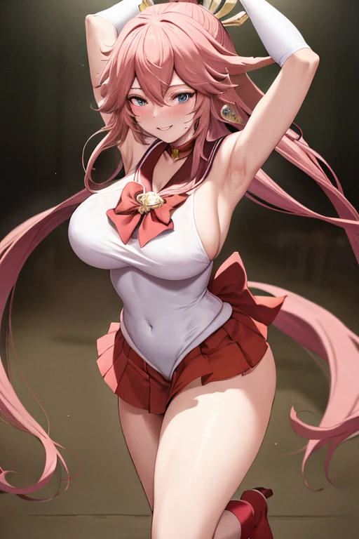 masterpiece, high definition, best quality, rendered art, well formed hands, fingers and body, 1 woman, solo, Yae Miko, adult, grown up, wearing Sailor Moon's outfit, big breasted, cleavage, full body, sexy sailor senshi uniform, short blue skirt, red boots, gorgeous hips, legs and thighs, white elbow gloves, sailor collar, tiara, earrings, fighting in a combat match, showing her fighting skills, making her guard, about to hit the viewer, looking at the viewer, panties peeking, sweating, bouncing breasts, smiling joyfully and brightly, being confident and proud, action and fighting scene, martial arts arena with beach environment