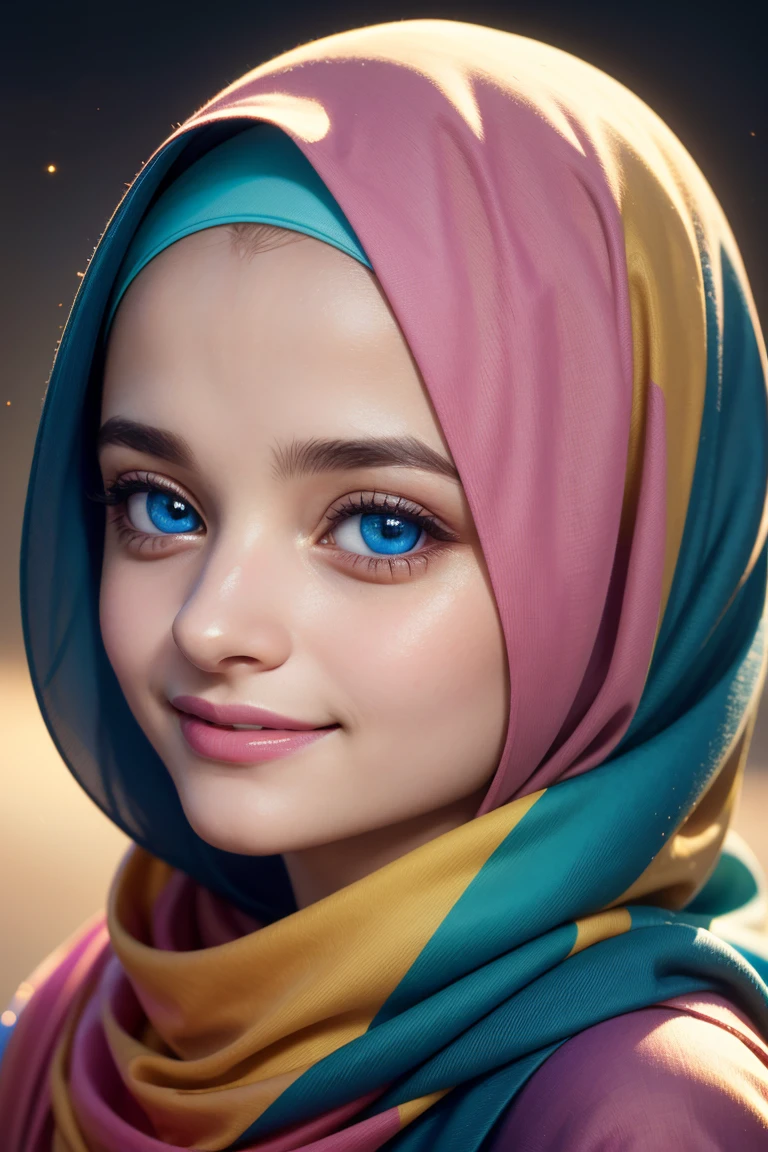 Joey King, wearing colourful hijab . Light smile,Medium body shot,professionally retouched, soft lighting, realistic, smooth face, perfect eyes, sharp focus on eyes, 8 k, high definition, insanely detailed, intricate, elegant. in a natural background.