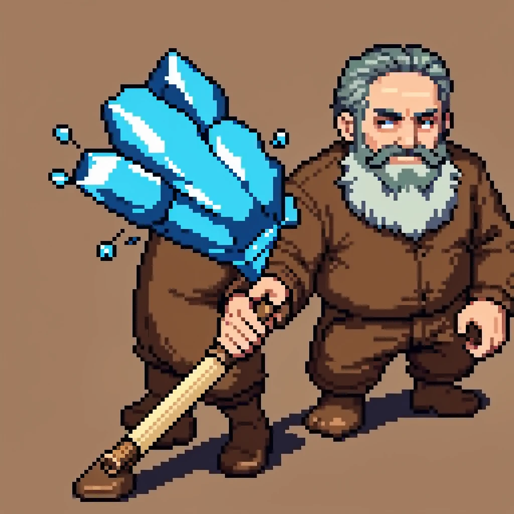 cartoon, old uncle blue crystal with beard, wearing a brown wool shirt, thin legs and arms, leaning with crystal walking stick