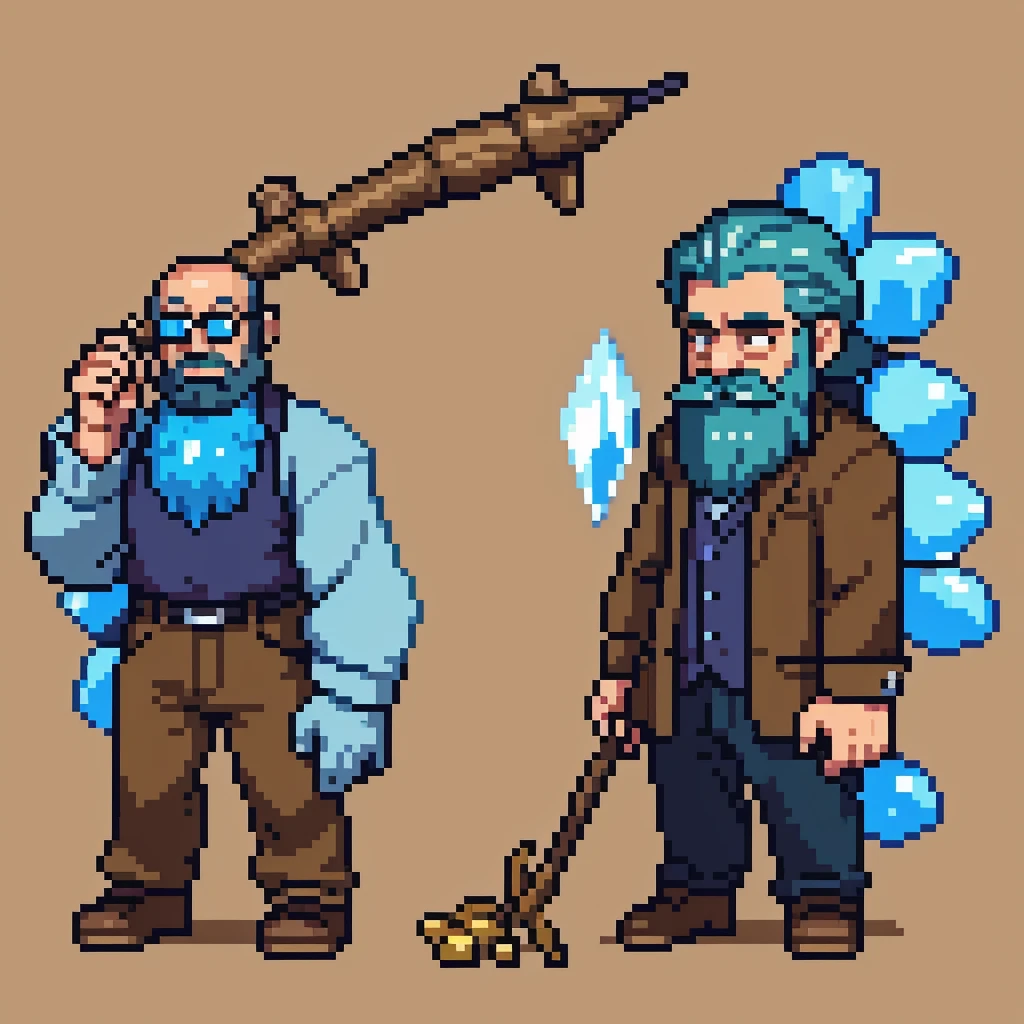 cartoon, old uncle blue crystal with beard, wearing a brown wool shirt, thin legs and arms, leaning with crystal walking stick
