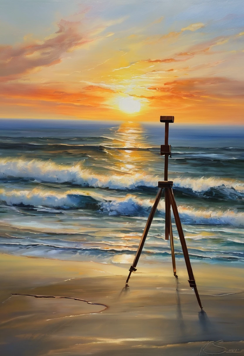 An oil painting，sunrise，Ocean，horizon，peaceful，easel