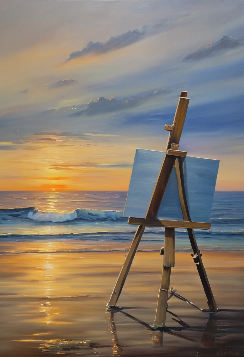An oil painting，sunrise，Ocean，horizon，peaceful，easel