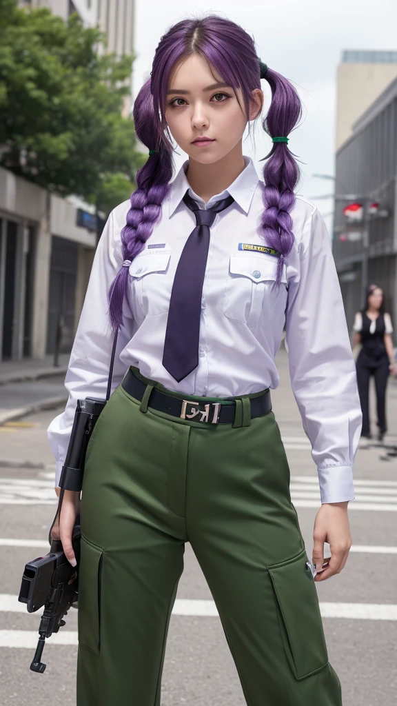 ((masterpiece)), ((Highest quality)), ((High resolution)), One girl, alone, Police Officer, (Matching pants, slacks), Urban Background, (Holding a pistol、Aim, Detailed pistol, Glock 22, Breaking the rules), Are standing, Medium Hair, (Purple Hair, Twin tails), (Green Eyes),
