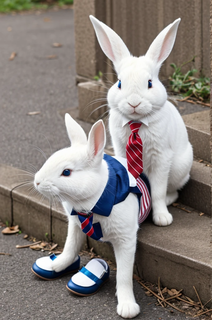 A white rabbit with green eyes, red and white striped tie and blue shoes 