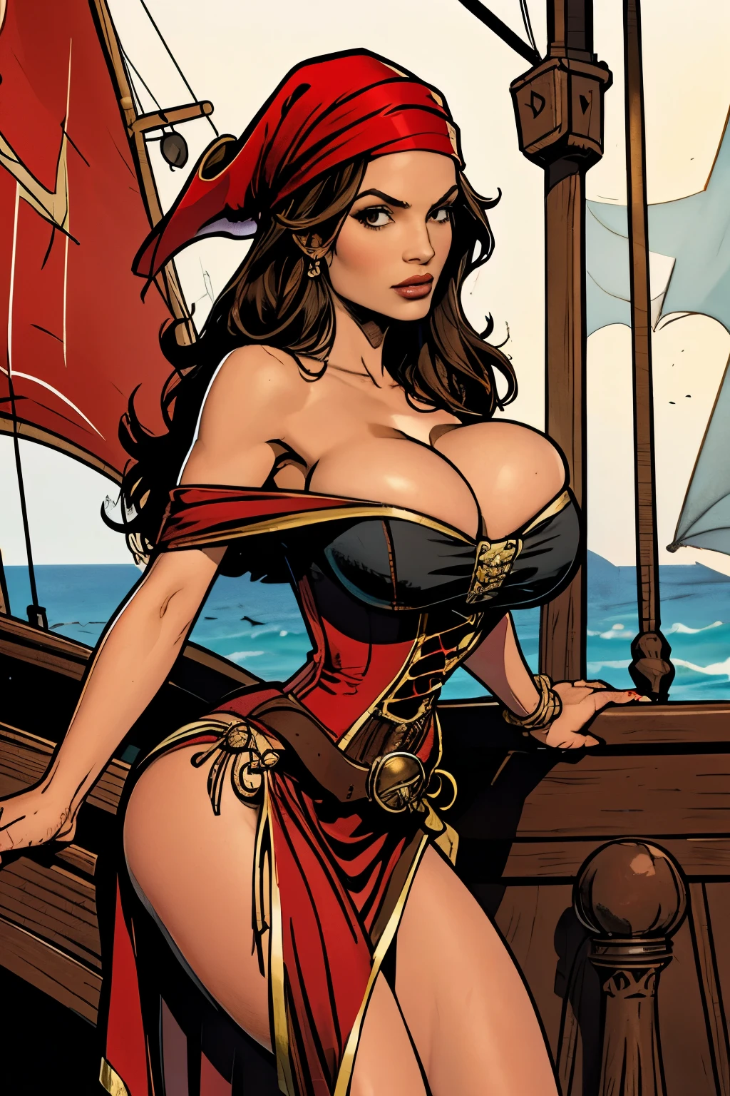 Gorgeous and sultry busty athletic (happy) brunette with sharp facial features, long hair, large breasts wearing a pirate dress, off-shoulder, corset, long red dress, pirate hat, do-rag. On a pirate ship.