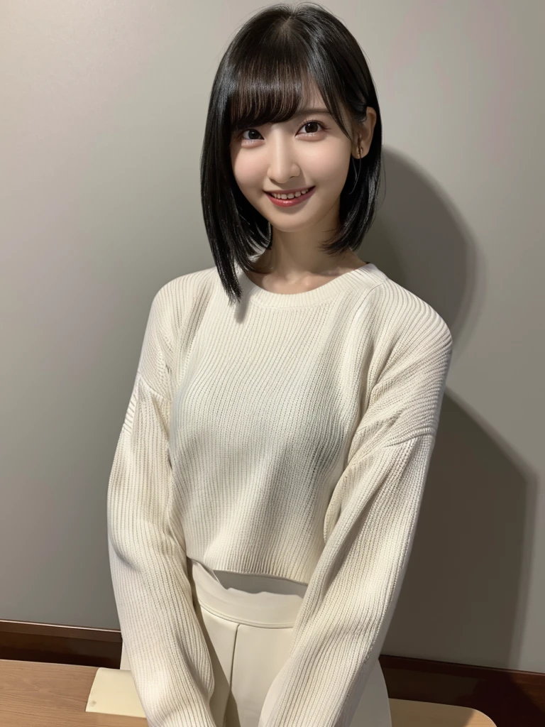 1 Japanese girl,(White sweater:1.4), (RAW Photos, Highest quality), (Realistic, Realistic:1.4), Tabletop, Very delicate and beautiful, Very detailed, 8k wallpaper, wonderful, In detail, Very detailedなCG Unity, High resolution, Soft Light, Beautiful Details 19 years old, Very detailedな目と顔, Beautiful and detailed nose, Beautiful details,Cinema Lighting,Perfect Anatomy,Slender body,smile (Asymmetrical bangs,)