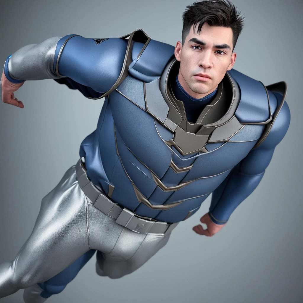 A realistic 3D male model in full body composition, wearing a full body hero suit and cape in the pattern of a professional baseball uniform, a very short haired, crew cut, cool, dandy-like, veteran-aged man with a shiny, sparkling blue cape that is longer than his body, gloves and a cap are always worn, an original hero, only the eyebrows, eyelashes and eyes are visible, his mouth is bandaged and sealed, the upper half of his face is bare with a sharp gaze, he has six pack abs, a muscular macho man with a sturdy body, he has both legs closed, his hands are clasped behind his back in an X shape, his whole body is bound and sealed with duct tape and he is held down. He has collapsed from exhaustion and is sleeping with his eyes closed. A coat of arms, in a dark room background, his whole body facing forward, backward, left and right (north, south, east and west), an image of him being restrained and mummified.