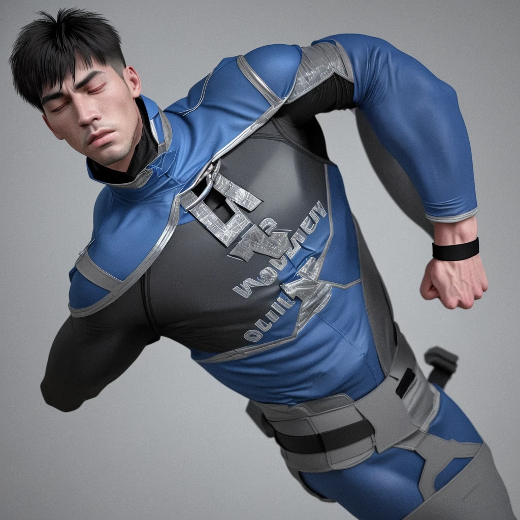 A realistic 3D male model in full body composition, wearing a full body hero suit and cape in the pattern of a professional baseball uniform, a very short haired, crew cut, cool, dandy-like, veteran-aged man with a shiny, sparkling blue cape that is longer than his body, gloves and a cap are always worn, an original hero, only the eyebrows, eyelashes and eyes are visible, his mouth is bandaged and sealed, the upper half of his face is bare with a sharp gaze, he has six pack abs, a muscular macho man with a sturdy body, he has both legs closed, his hands are clasped behind his back in an X shape, his whole body is bound and sealed with duct tape and he is held down. He has collapsed from exhaustion and is sleeping with his eyes closed. A coat of arms, in a dark room background, his whole body facing forward, backward, left and right (north, south, east and west), an image of him being restrained and mummified.