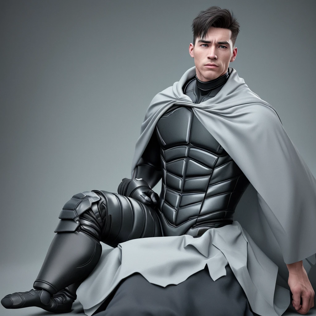 A realistic 3D male model in full body composition, wearing a full body hero suit and cape in the pattern of a professional baseball uniform, a very short haired, crew cut, cool, dandy-like, veteran-aged man with a shiny, sparkling blue cape that is longer than his body, gloves and a cap are always worn, an original hero, only the eyebrows, eyelashes and eyes are visible, his mouth is bandaged and sealed, the upper half of his face is bare with a sharp gaze, he has six pack abs, a muscular macho man with a sturdy body, he has both legs closed, his hands are clasped behind his back in an X shape, his whole body is bound and sealed with duct tape and he is held down. He has collapsed from exhaustion and is sleeping with his eyes closed. A coat of arms, in a dark room background, his whole body facing forward, backward, left and right (north, south, east and west), an image of him being restrained and mummified.