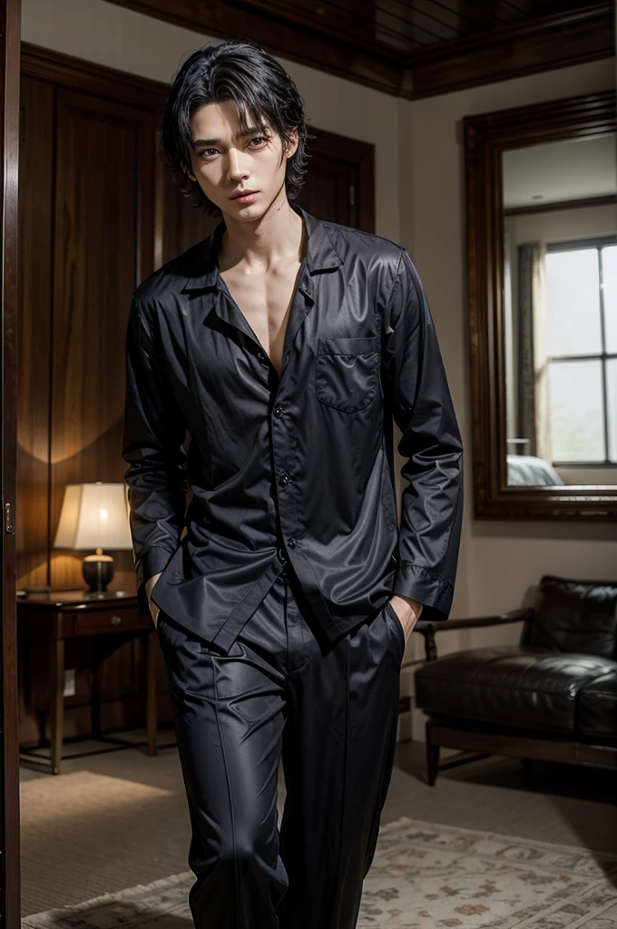 Man in black elegant pajamas tall and fit, with short black hair, while sexy modeling, in different places, in different positions.